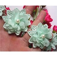 20pcs Flower Pearl Beads 3D Chiffon Floral Lace Ribbon Edge Trim 2 inch Width Vintage Style Edging Trimmings Fabric Embroidered Applique Sewing Craft Wedding Bridal Dress Decoration DIY (Green)