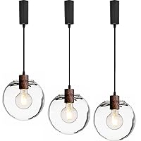 Adjustable Height H-Type Track Lighting Pendants with Retro Clear Glass Globe Shape Hand-Made Shade,3-Lights 5ft Cord Wood Finished E26 Socket Restaurant Kitchen Island Customizable
