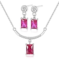 Rectangle Ruby Pendant Necklace & Stud Earring Jewelry Set