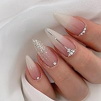 French Tip Press On Nails - Press On Nails Almond, Medium Length Fake Nails Pink White Gradient with Designs, Fit Perfectly & Natural Reusable Stick on Nails in 12 Sizes - 24PCS Glue On Nails Kit