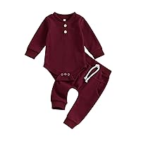 Kuriozud Newborn Baby Boy Clothes Button Long Sleeve Romper Bodysuit Pants Set Infant Soft Waffle Fall Winter Outfit
