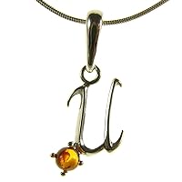 BALTIC AMBER AND STERLING SILVER 925 ALPHABET LETTER U PENDANT NECKLACE - 10 12 14 16 18 20 22 24 26 28 30 32 34 36 38 40