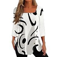 3/4 Length Sleeve Womens Tops Floral Print Tunic Blouse Square Neck Tops Plus Size Side Slit Button Down Shirts