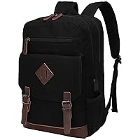 Canvas Backpack for Men Women, Vintage Rucksack Fits Most 15.6 Inch Laptop, Bookbag with USB Charging Port, Black