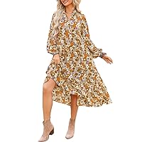 Boho Floral Midi Dresses for Women 2024 Casual Loose V Neck Puff Long Sleeve Dress Flowy Summer Beach Sundress