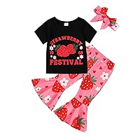 Karwuiio Infant Baby Girl Outfit Strawberry Print Short Sleeve T-Shirt Tops+Flared Pants+Headband 3Pcs Clothes
