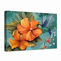 LevvArts Burn Orange and Teal Wall Art Decor Hummingbird Painting Prints Hawaii Hibiscus Flower Canvas Picture Vintage Living Room Bedroom Decorations 24x36