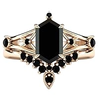Vintage 1 CT Dutch Marquise Black Onyx Engagement Ring Set 14k Gold Black Onyx Wedding Ring Set Art Deco Black Onyx 2Pc Bridal Ring Sets For Women