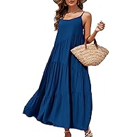 Women Summer Spaghetti Strap Asymmetric Tiered Beach Dress Loose Casual Sleeveless Maxi Long Dresses