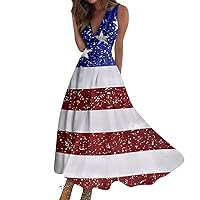 Summer Dresses for Women 2024 Independence Day Dress Trendy V Neck Maxi Dress A Line Sleeveless Elegant Dresses
