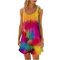 Women's Summer Tie Dye Dresses 2024 Sleeveless Boat Neck Beach Dress Casual Loose Fit Vacation Tank Mini Sundress