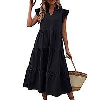 Womens Summer Dresses Midi, Solid Color V Neck Ruffle Sleeve Short Sleeved Casual Women Outfits Dress, S, XXL