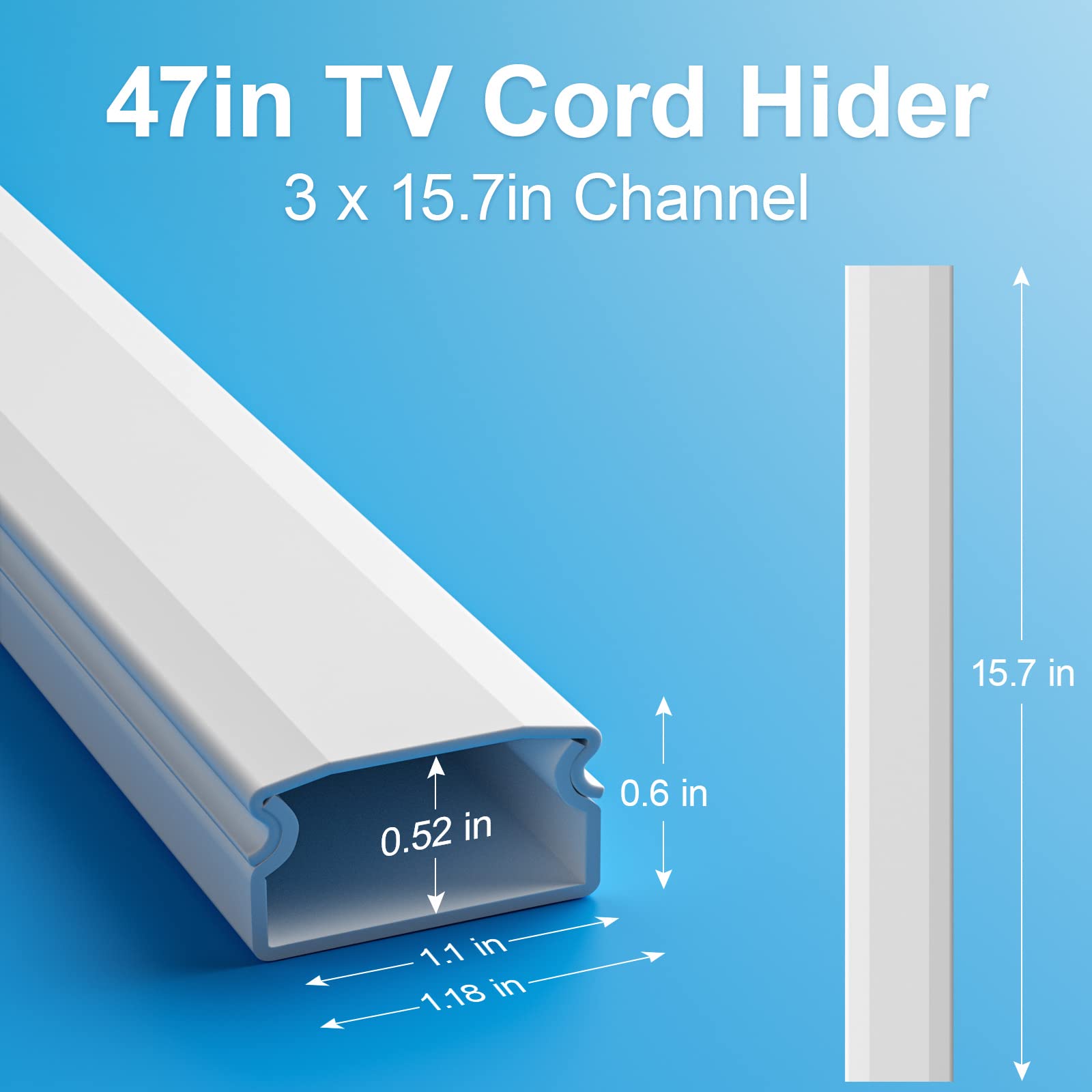 TV Cord Hider, 47In Cord Cover, Large Cable Hider, Wire Covers for 4 Cords, Cable Raceway Wire Hider, Wire Hiders for TV on Wall, Cable Cover Cord Concealer, 3×L15.7in W1.18in H0.6in, White