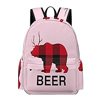Buffalo Plaid Deer Beer Men's Travel Backpack Lightweight Casual Daypack Laptop Bag for Women Graphic Print
