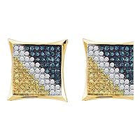 The Diamond Deal 10kt Yellow Gold Mens Round Blue Color Enhanced Diamond Square Kite Cluster Earrings 1/4 Cttw