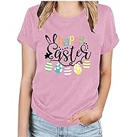 Women's Easter Day Short Sleeve T Shirt Round Neck Happy Easter T Shirts Cute Egg Print Boho Tees Tunic Top Dressy Blouses