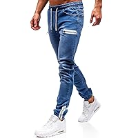 Men's Cargo Jeans,Zipper Jeans for Men Moto Biker Jeans Slim Fit Denim Pants Elastic Waist Drawstring Cargo Jean
