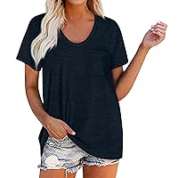 Womens Basics Tops Plain T Shirts for Women Simple Classic Casual Trendy Versatile with Short Sleeve V Neck Pockets Blouses Navy Medium
