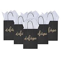 DjinnGlory 50 Pack Medium Black Welcome Paper Gift Bags with Handles and 50 White Tissue Paper for Wedding Hotel Guests Engagement Bridal Baby Shower Birthday Party Favors (10''x8''x4'')