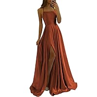 POMUYOO Women's Spaghetti Straps Satin Bridesmaid Dresses with Pockets Long Formal Prom Ball Gown with Slit YG114