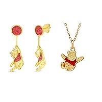 Disney Winnie the Pooh Womens Flash Plated Gold Drop Earrings and 14K Gold Red Shirt Pendant Necklace 18