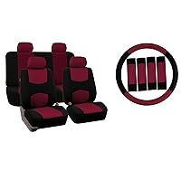 FH Group Car Seat Covers Flat Cloth Automotive Burgundy Full Set, Rear Solid Bench Universal Fit Combo Steering Wheel Cover & Seat Belt Pads Car Seat Protector Cars Trucks SUV Interior Accessories