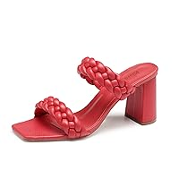 GENSHUO Women Squere Open Toe Heels Braided Two Strap Low Block Chunky Heeled Sandals