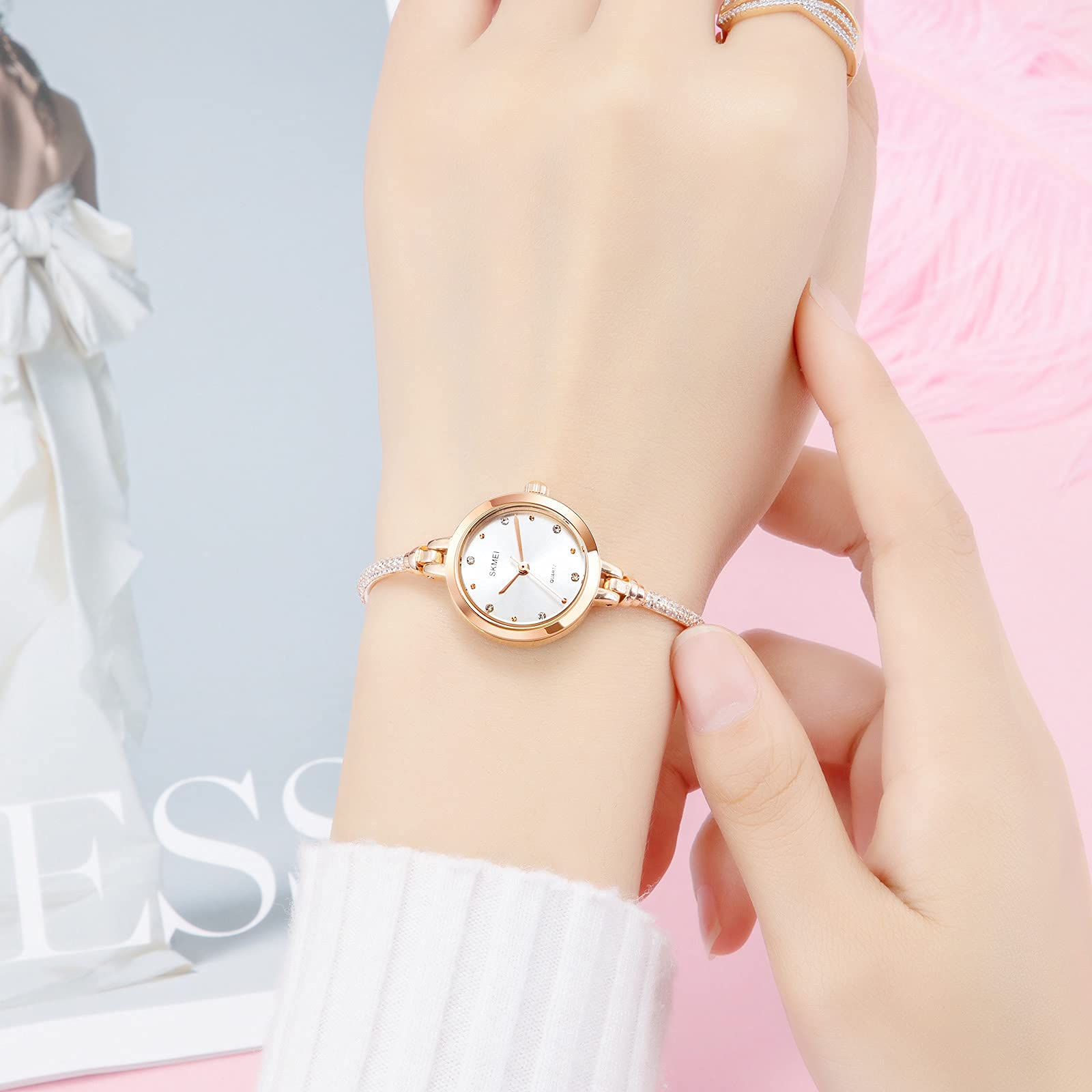 Tonnier Watches Women Analog Quartz Watch Mosaic with Diamonds Bracelet Dress Watch for Female Waterproof Wristwatch with Rose Gold Bracelet