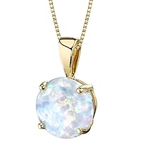 PEORA 14K Yellow Gold Created White Fire Opal Pendant for Women, Classic Solitaire, 1 Carat Round Shape AAA Grade