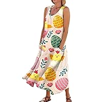 Dresses for Women 2024 Summer Fashion Easter Printed Sleeveless Dress Casual Round Neck Dress with Pocket