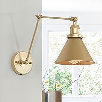 Gold Wall Sconce Lighting, Plug in or Hardwired Swing Arm Wall Lamp, Adjustable Light Fixture with Orange Cord Switch, Gold Brushed Finish, 1 Pack