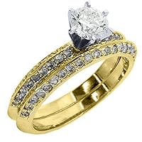 14k Yellow Gold Round Pave Diamond Engagement Ring Wedding Band Set 1.25 Carats
