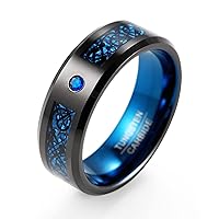Men's 8mm Black Tungsten Ring with Celtic Dragon and Blue or Green Carbon Fiber and CZ Stone Inlaid Wedding Band