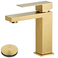 Tohlar Gold Bathroom Faucet, Brushed Gold Faucet for Bathroom Sink, Gold Single Hole Bathroom Faucet Modern Single Handle Vanity Basin Faucet with Overflow Pop Up Drain Stopper and Water Supply Lines