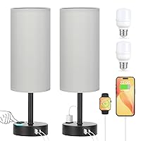 Grey Touch Table Lamps Set of 2-3 Way Dimmable Bedroom Lamps for Bedside with USB C and A Ports, Small Nightstand Lamps with AC Outlet, Desk Lamps with Black Base for Office Boys