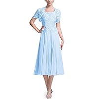 YINGJIABride Woman's Chiffon Tea Length Mother of The Bride Dresses with Short Sleeve Lace Jacket