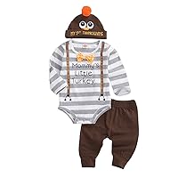 My First Thanksgiving Baby Boy Girl Long Sleeve Turkey Romper Bodysuit + Brown Pants + Hat 3Pcs Fall Outfit Set