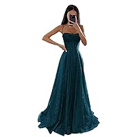 Sparkly Sequin Tulle Prom Dresses for Women with Slit Cowl Neck Corset Formal Evening Gown with Pockets