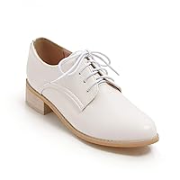 Women's Vegan Leather Oxfords Brogues Lace Up Chunky Low Heel Pumps Shoes Solid Colors Round Toe Dress Flats