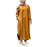 Women's Retro Kaftan Abaya Dress Muslim Long Sleeve Crew Neck Split Maxi Dress Ramadan Eid Islamic Arab Jilbab Pockets