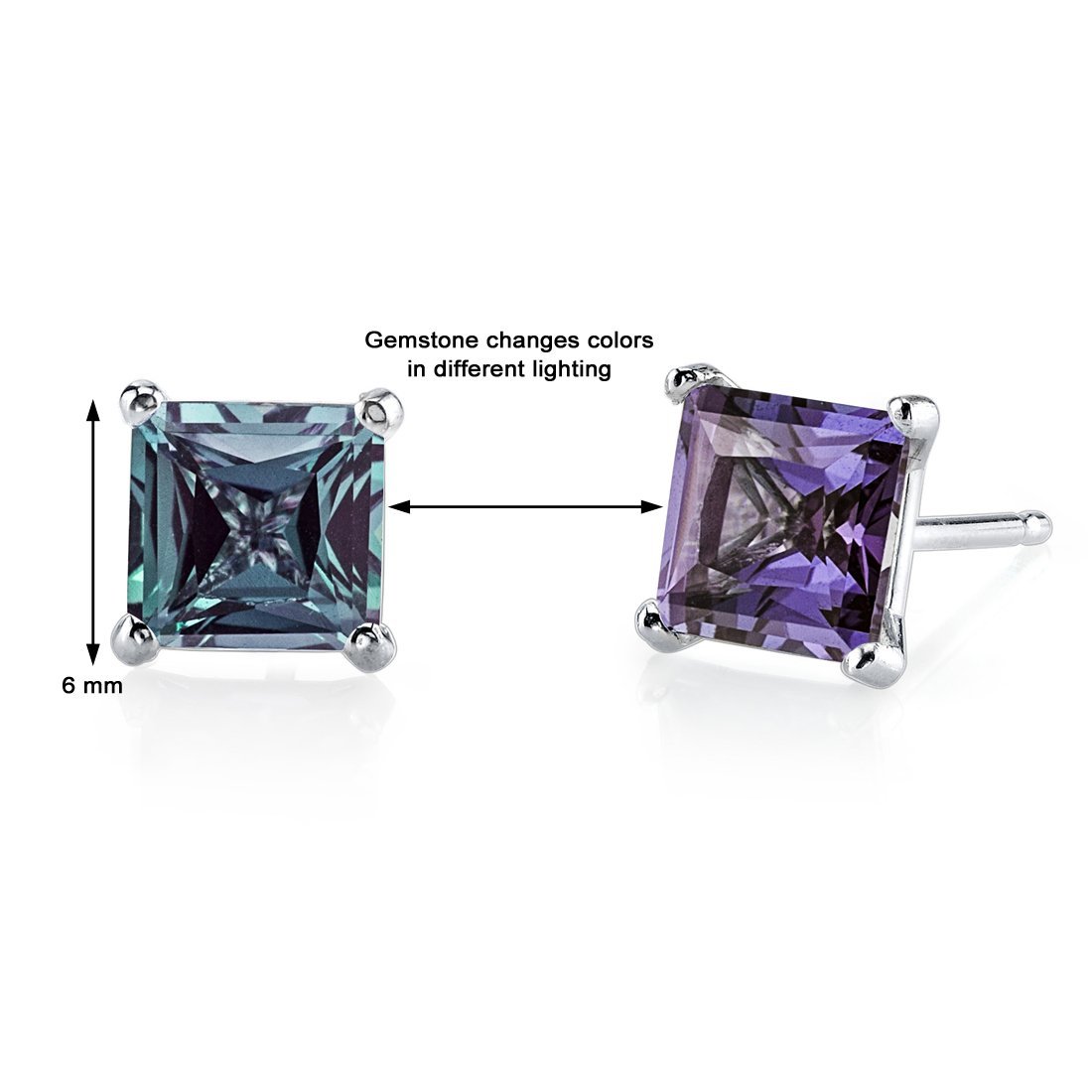 Peora Solid 14K White Gold 2.50 Carats Created Alexandrite Stud Earrings for Women, Color-Changing Solitaire Princess Cut 6mm, Friction Back