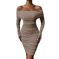 Pofash Women's Sexy One Shoulder Sleeveless Mesh Ruched Cocktail Party Midi Bodycon Dress