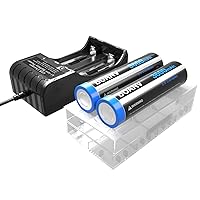 2 Pack Battery of 3600mAh 3.7V Size Flat Top, Rechargeable Battery with 2 Bay USB Battery Charger for Fan, Camera, Flashlight Headlamp