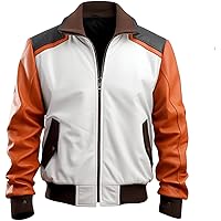 Men's White And Orange Flight Bomber Jacket Knit Rip Style Faux Leather Winter Warm Jacket
