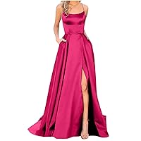 Womens Elegant Prom Dress with Slit Sexy Spaghetti Strap Long Satin Dress Back Strap Formal Evening Party Gowns
