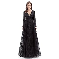 Long Sleeves Lace Evening Dresses Women's V Neck Crystal Bead Formal Gowns Prom Dress