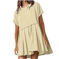 Womens Teen Girls Summer Crewneck Short Sleeve Dresses Pleated Ruffle A Line Beach Mini Dress Casual Flowy Swing Short Dress