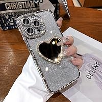 ( Make up Mirror ) (Sparkling Diamond ) Love Case for iPhone 15 14 13 12 Pro Max (Glitter Lens Protector ) Cover Shiny Rhinestone Heart for Women Girls Cases (Silver,for iPhone 13 Pro)