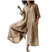 Jumpsuits for Women Casual Summer Rompers Linen Button Down Baggy Overalls Wide Leg Long Pant Jumpers Pocket