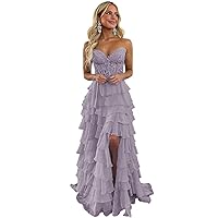 Tiered Ruffle Prom Dresses 2024 Lace Applique Chiffon Princess Ball Gown Formal Dress with Slit